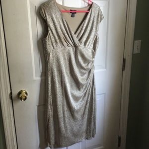 Gold Shimmery V-Neck Capped Sleeve Below the Knee